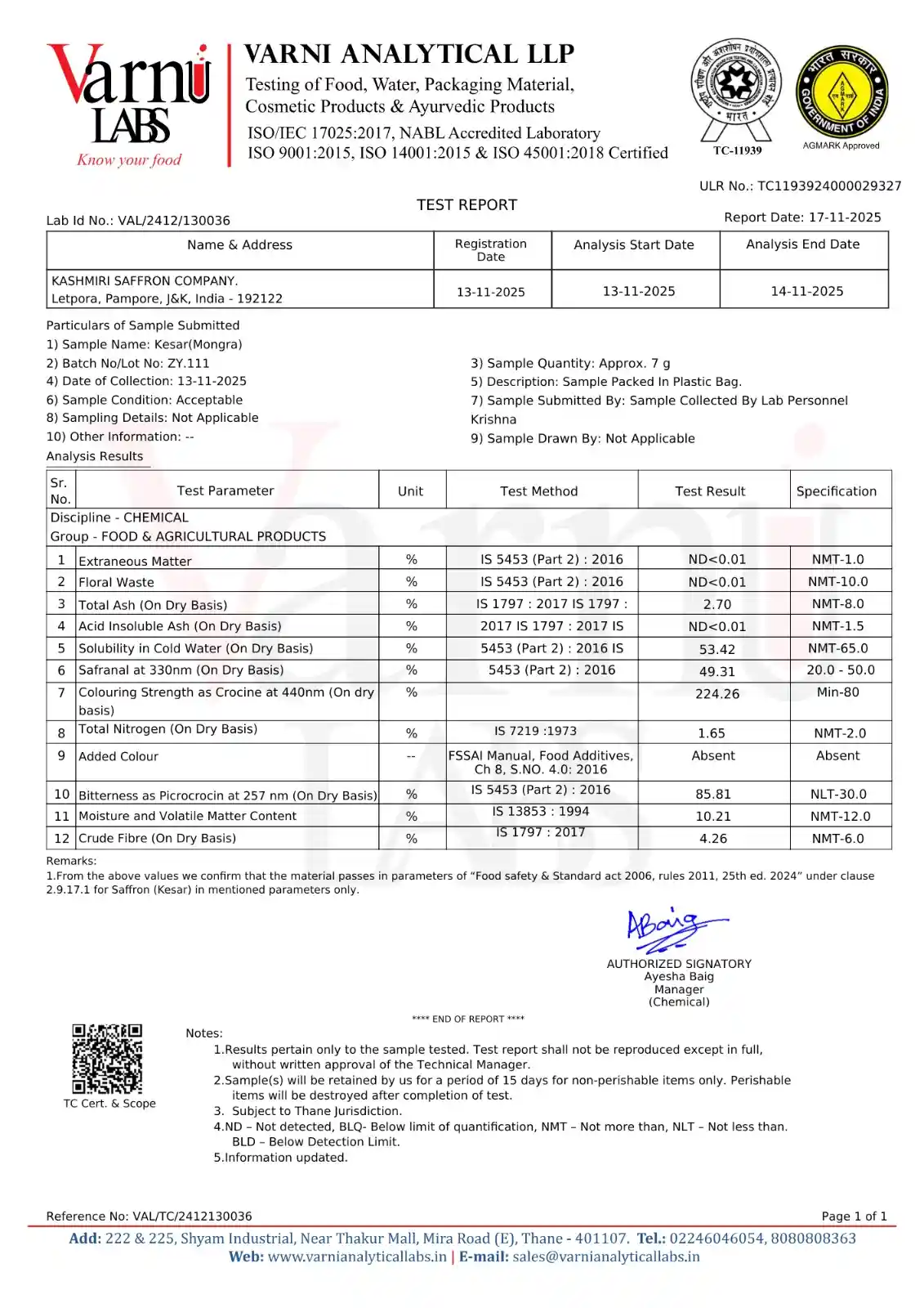 3B Enterprises Lab Analysis Certification
